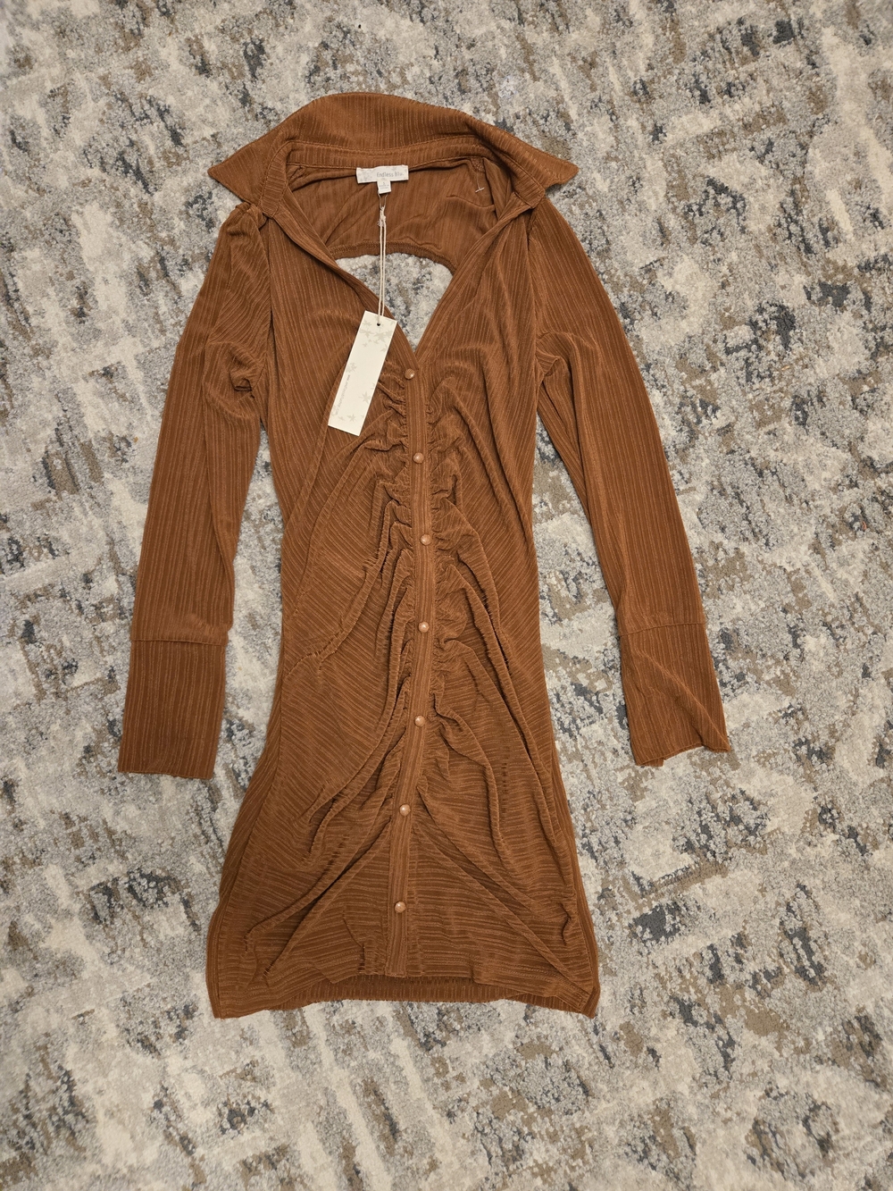 Button-Front Ribbed Mini Dress in Warm Brown